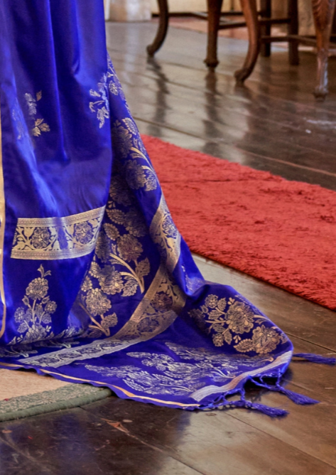DARK BLUE -PURE SATIN HANDLOOM WEAVING SILK