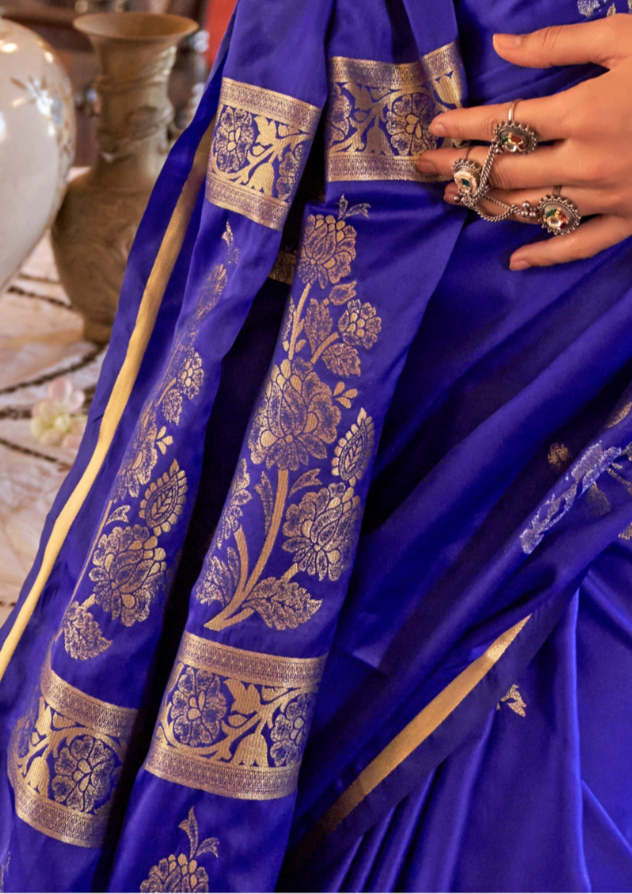 DARK BLUE -PURE SATIN HANDLOOM WEAVING SILK