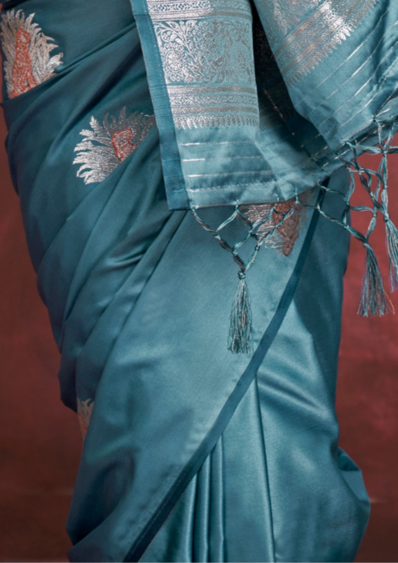 BLUE-TONE TO TONE SATIN  - HANDLOOM WEAVING - BANARASI ZARI