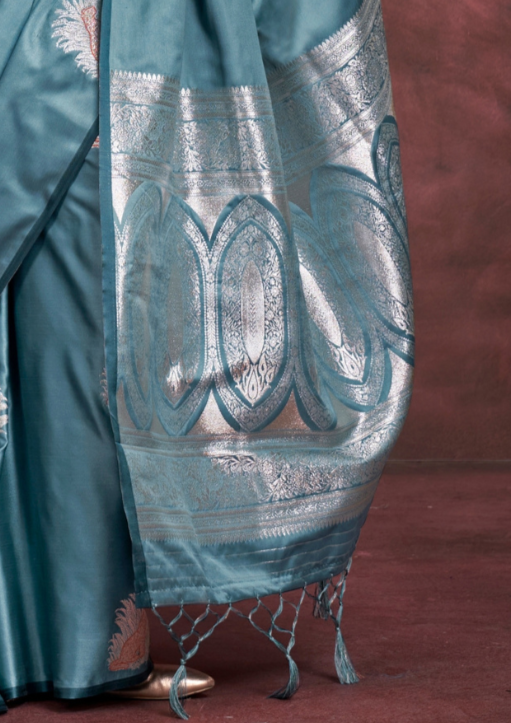 BLUE-TONE TO TONE SATIN  - HANDLOOM WEAVING - BANARASI ZARI