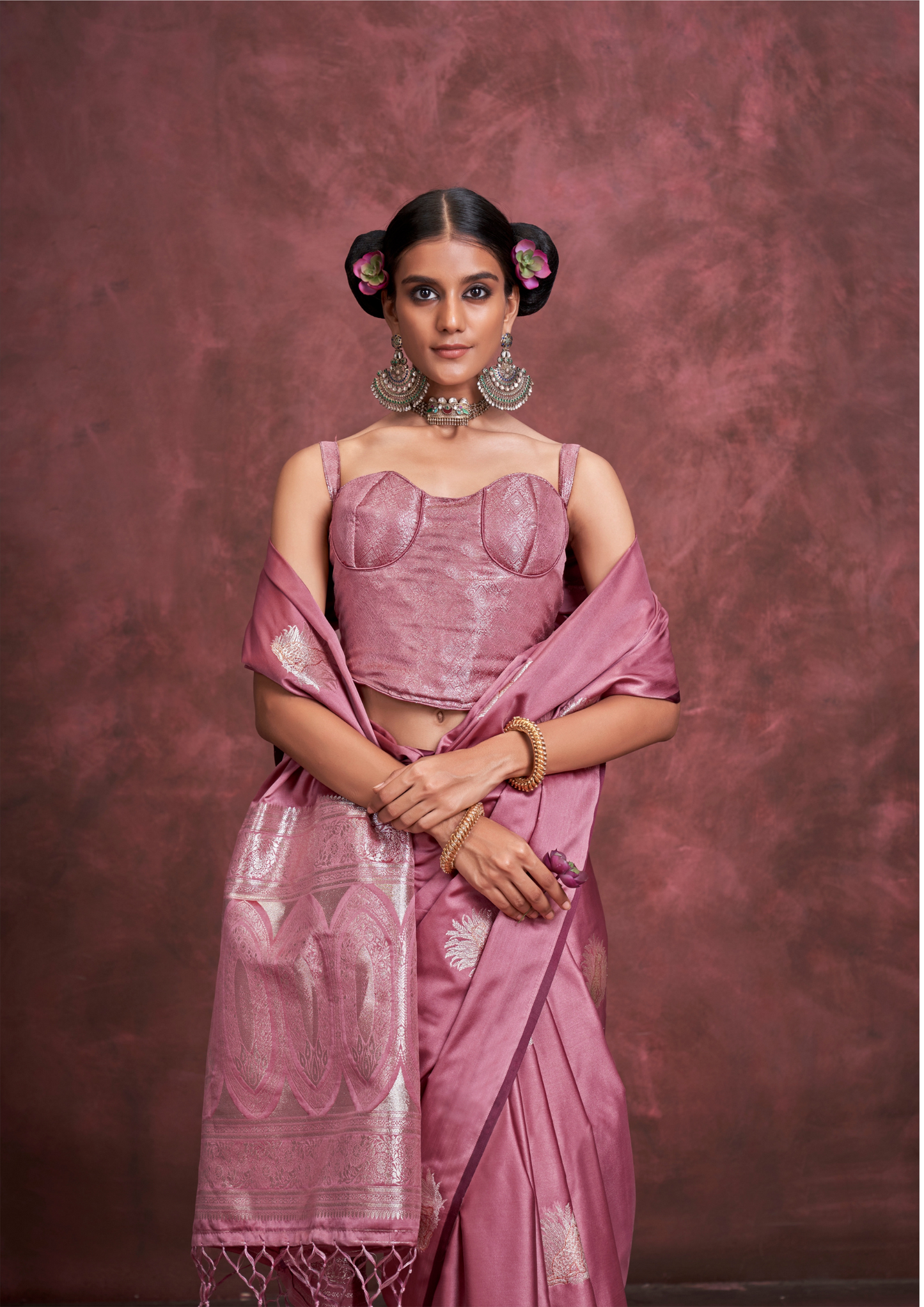 DARK PINK-TONE TO TONE SATIN  - HANDLOOM WEAVING - BANARASI ZARI