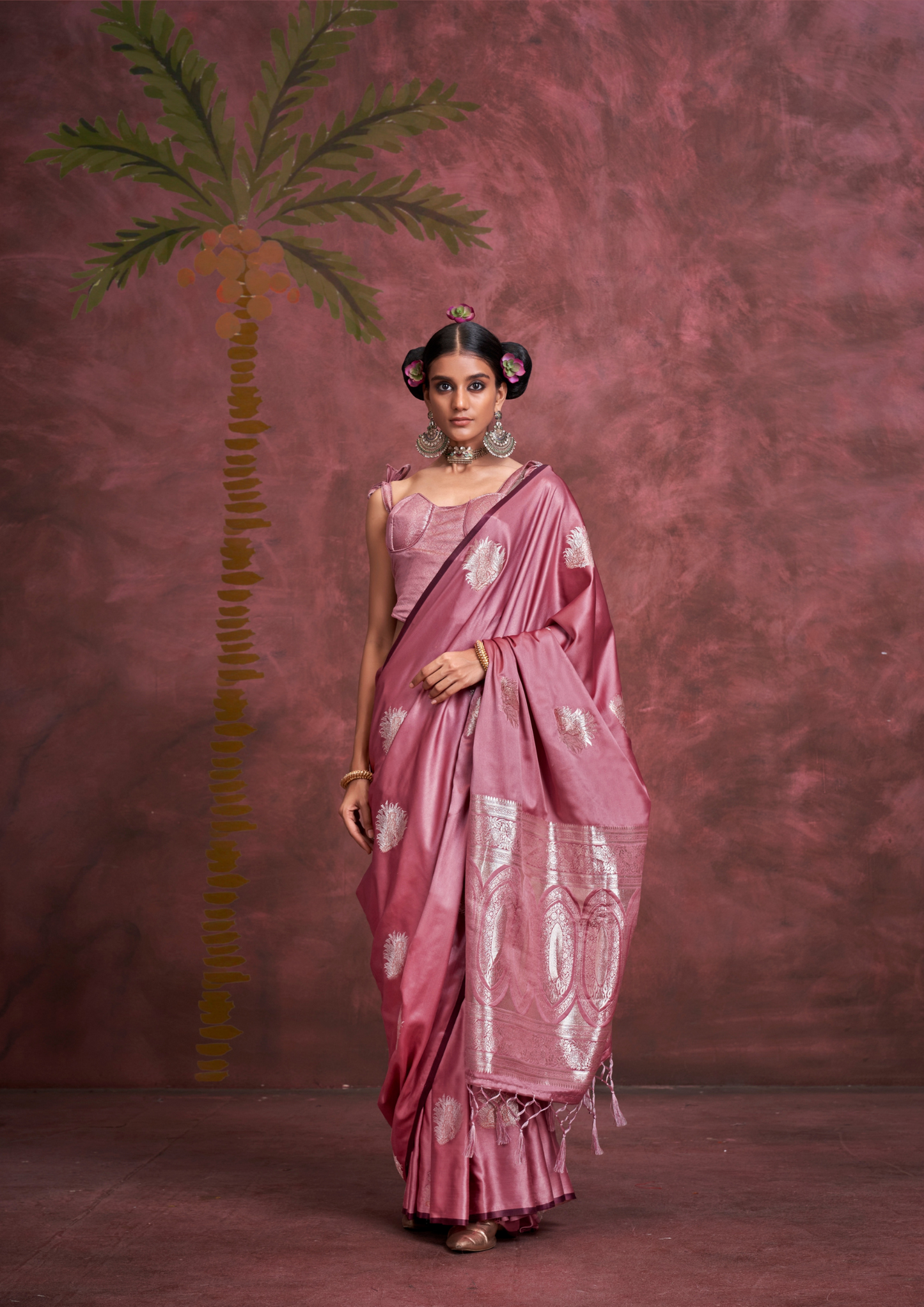 DARK PINK-TONE TO TONE SATIN  - HANDLOOM WEAVING - BANARASI ZARI