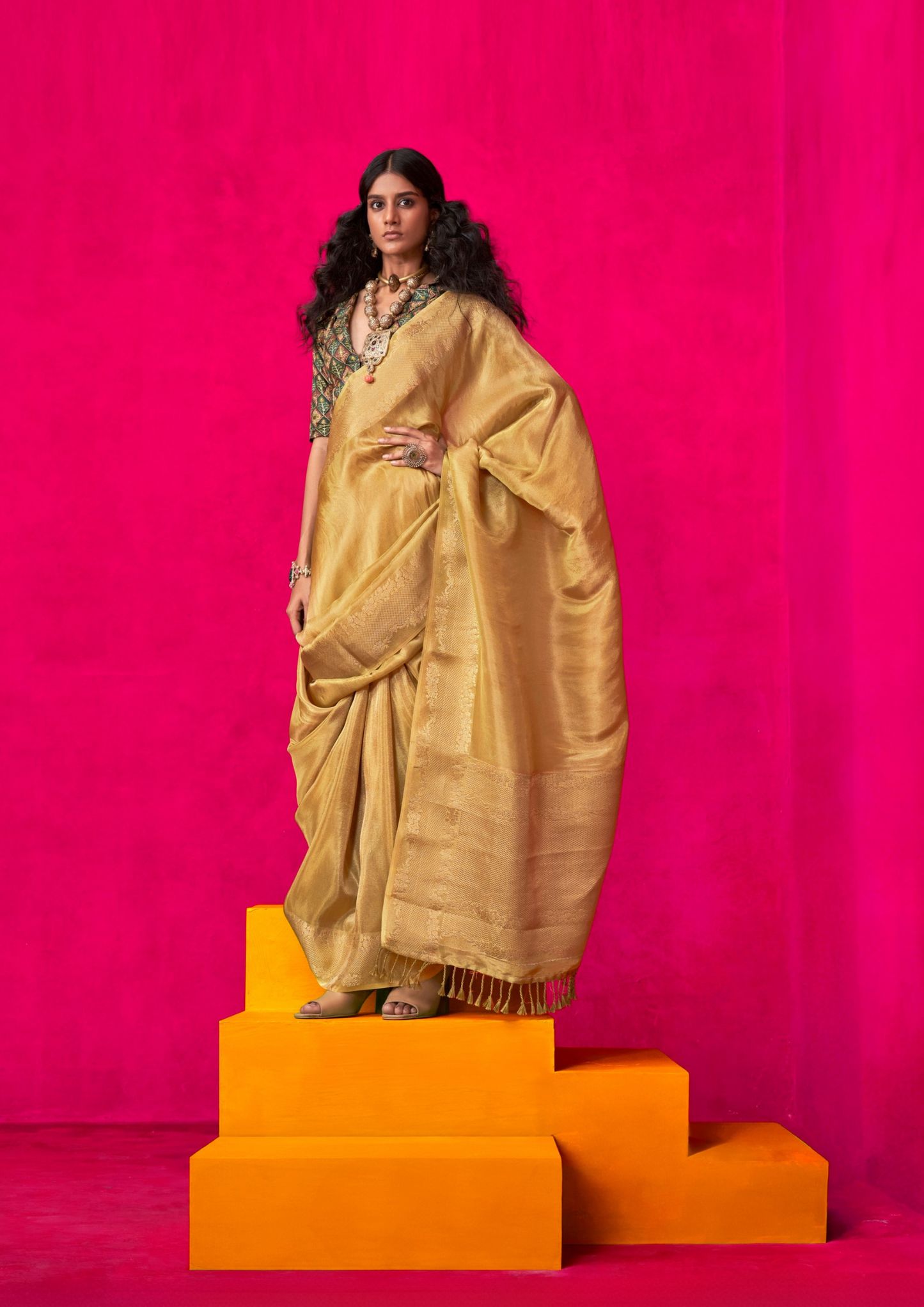 GOLDEN ZARI TISSUE - EMBROIDERY+POSITION PRINT BLOUSE