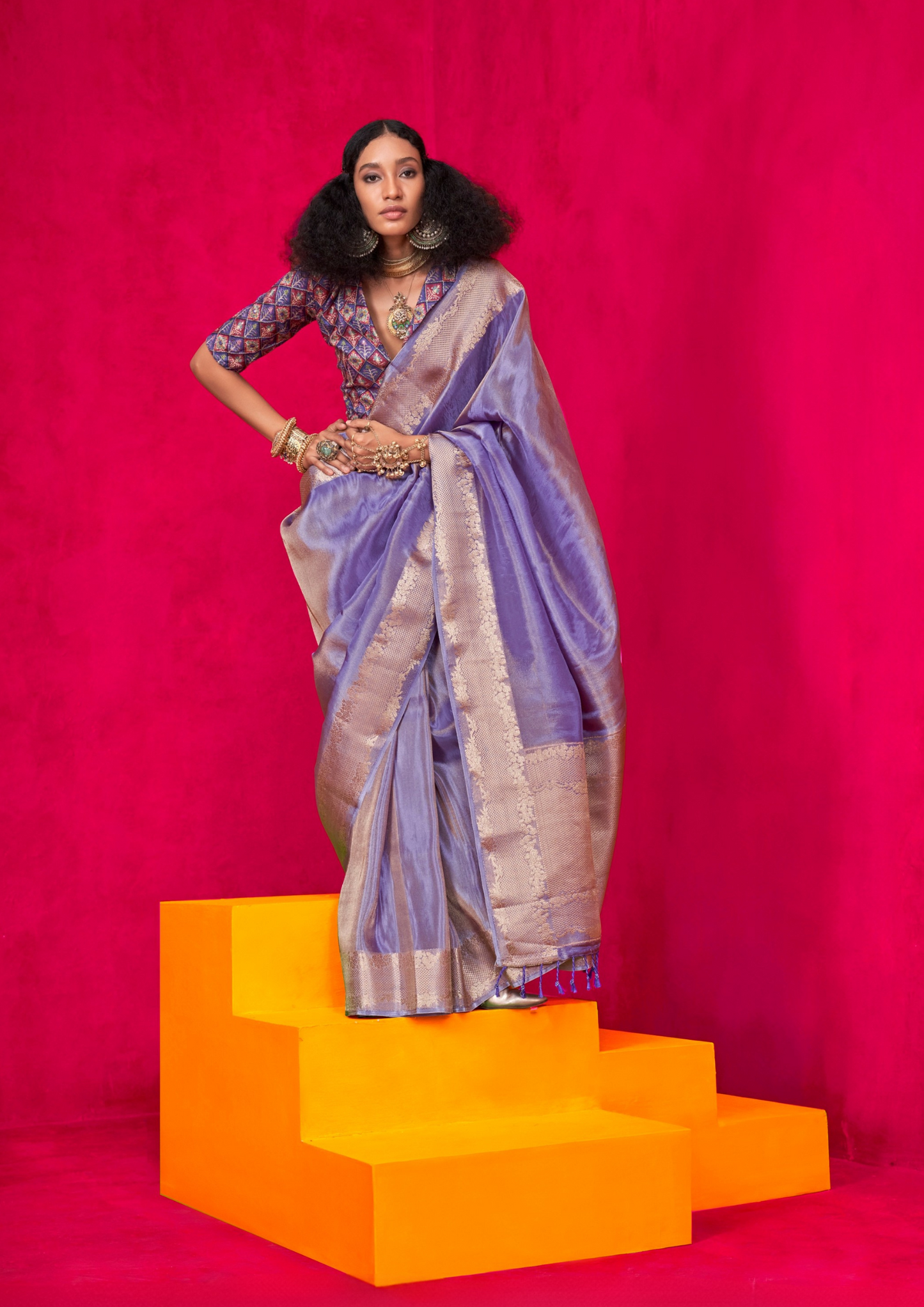 Kanjivaram PURPLE PURE VISCOSE ZARI TISSUE - EMBROIDERY+POSITION PRINT BLOUSE