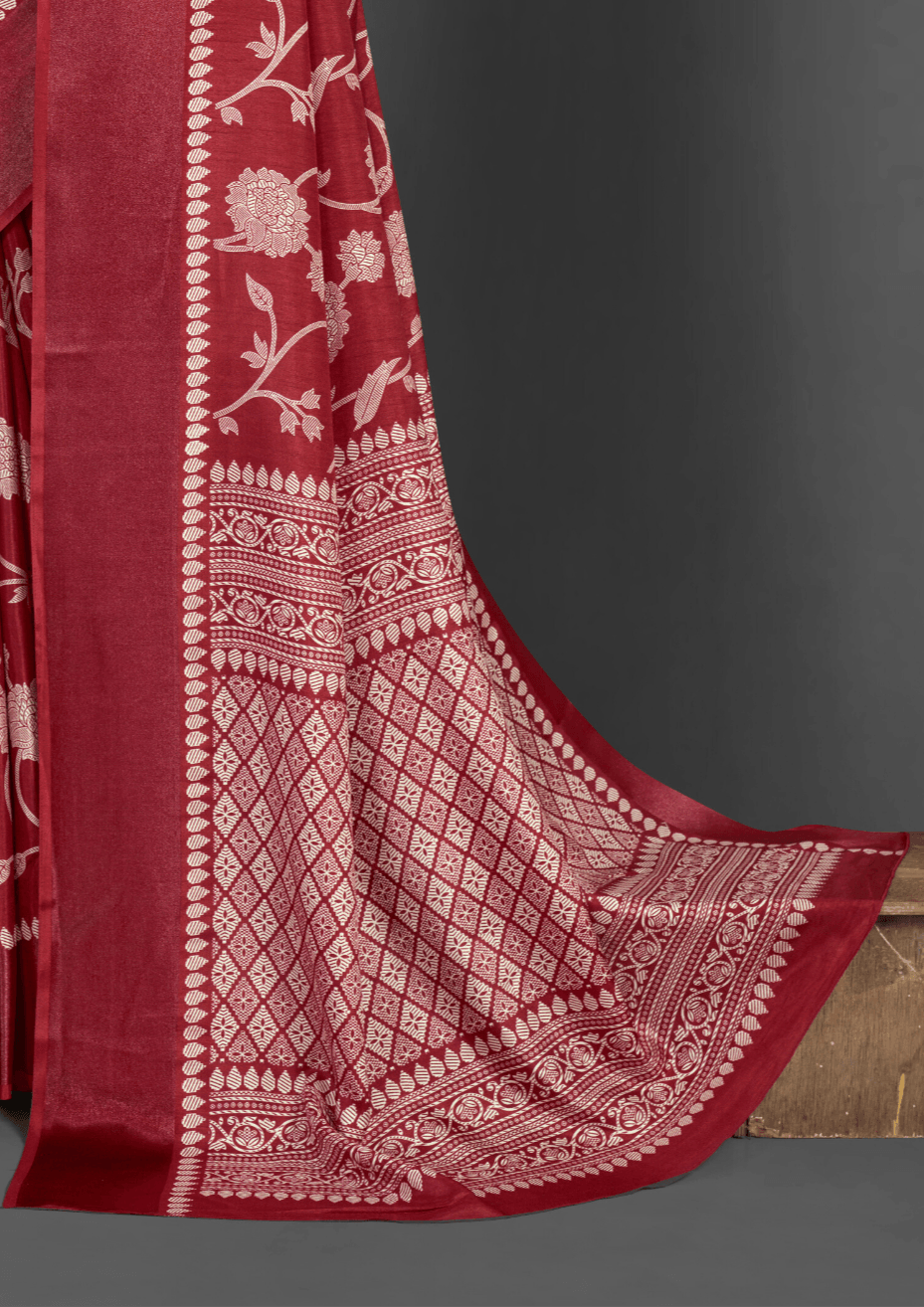 Saree Red Floral Print Dola Saree - SaviDurga