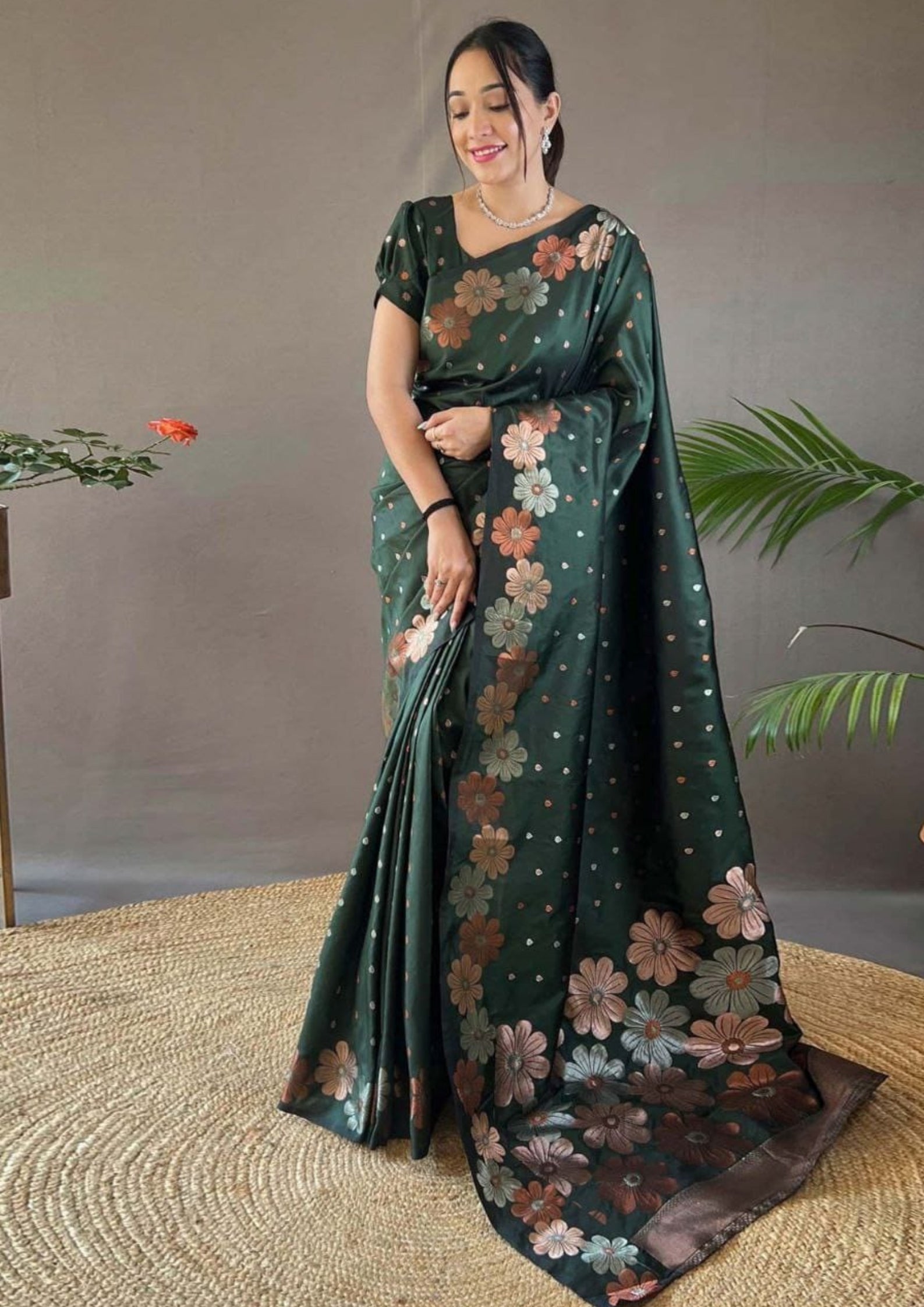 Soft Lichi Silk Green Saree