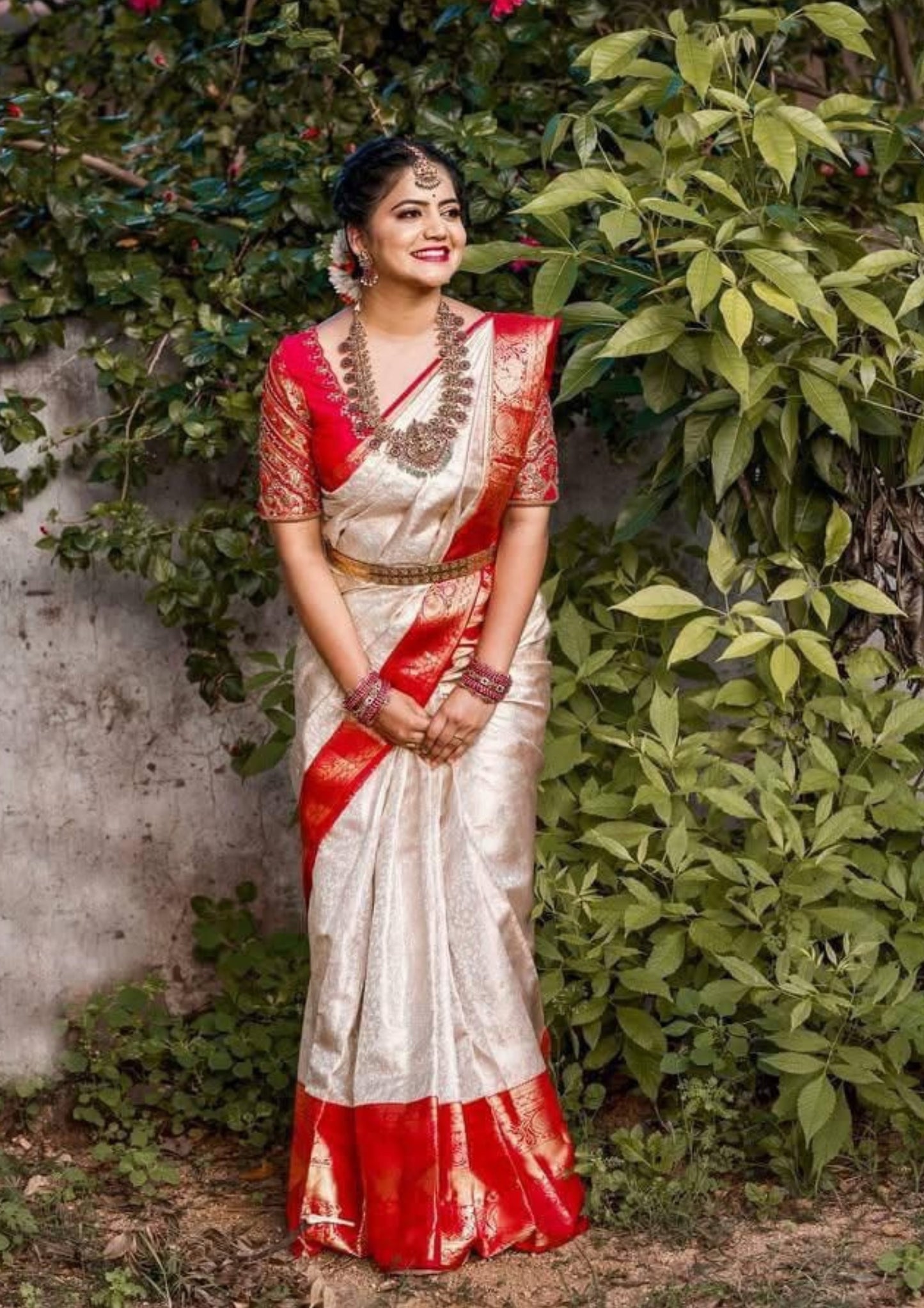 Lichi Silk Banarasi Design White and Red Border Saree