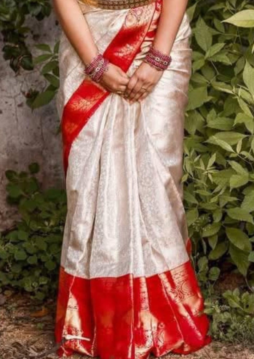 Lichi Silk Banarasi Design White and Red Border Saree