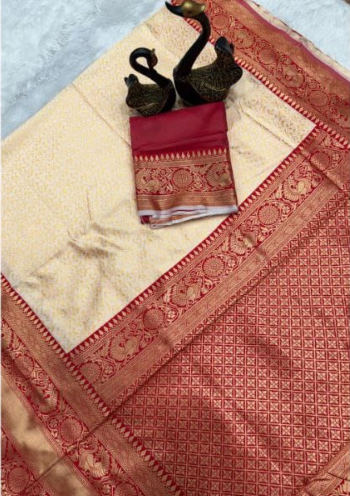 Lichi Silk Banarasi Design White and Red Border Saree