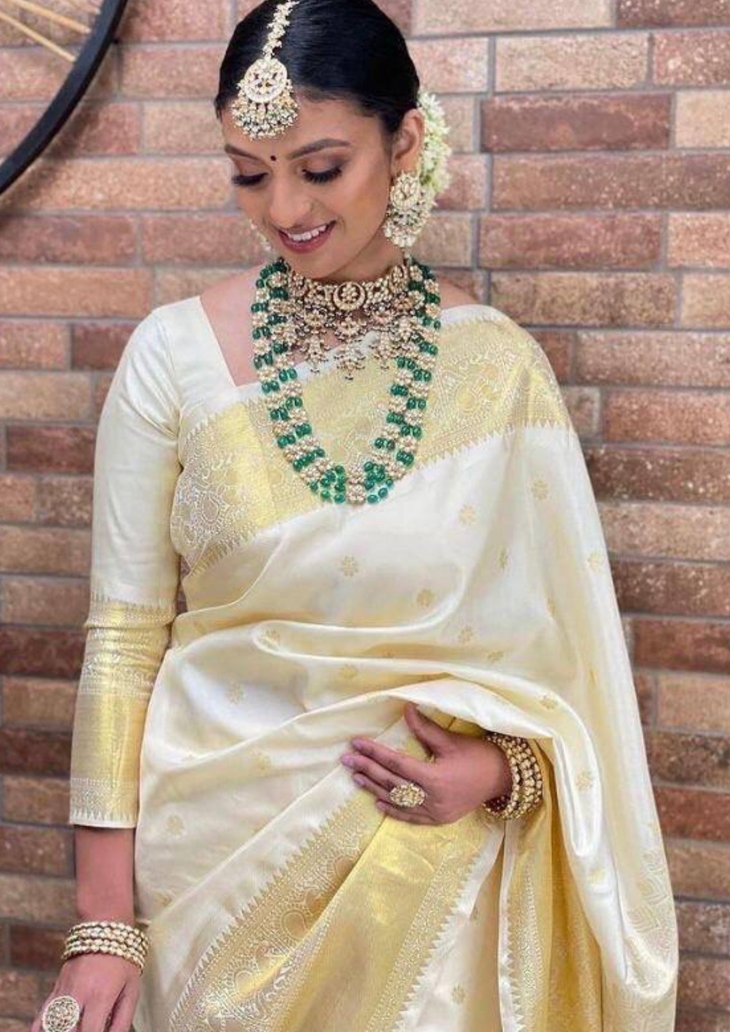 Lichi Silk Banarasi Design White and Golden Saree