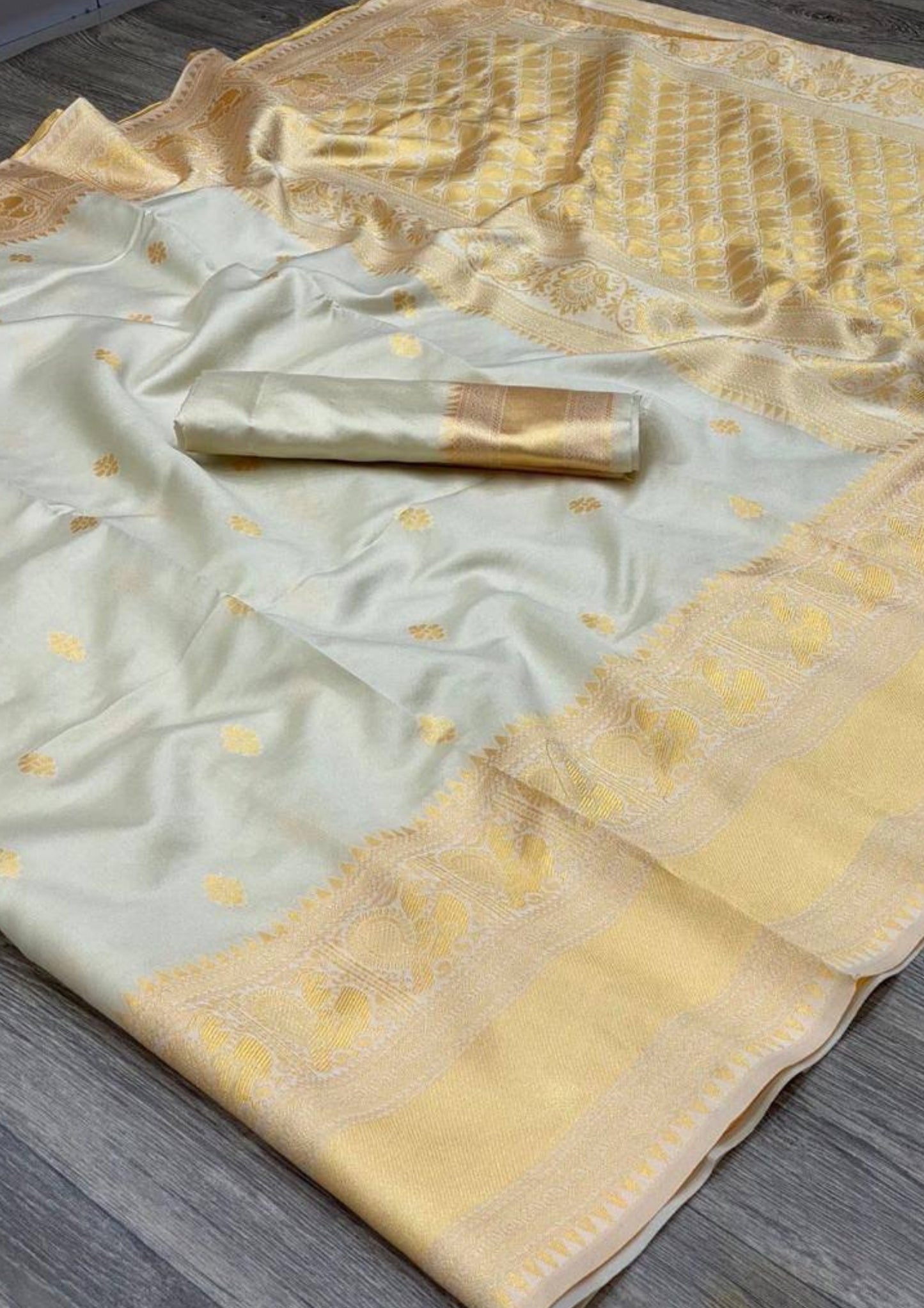 Lichi Silk Banarasi Design White and Golden Saree