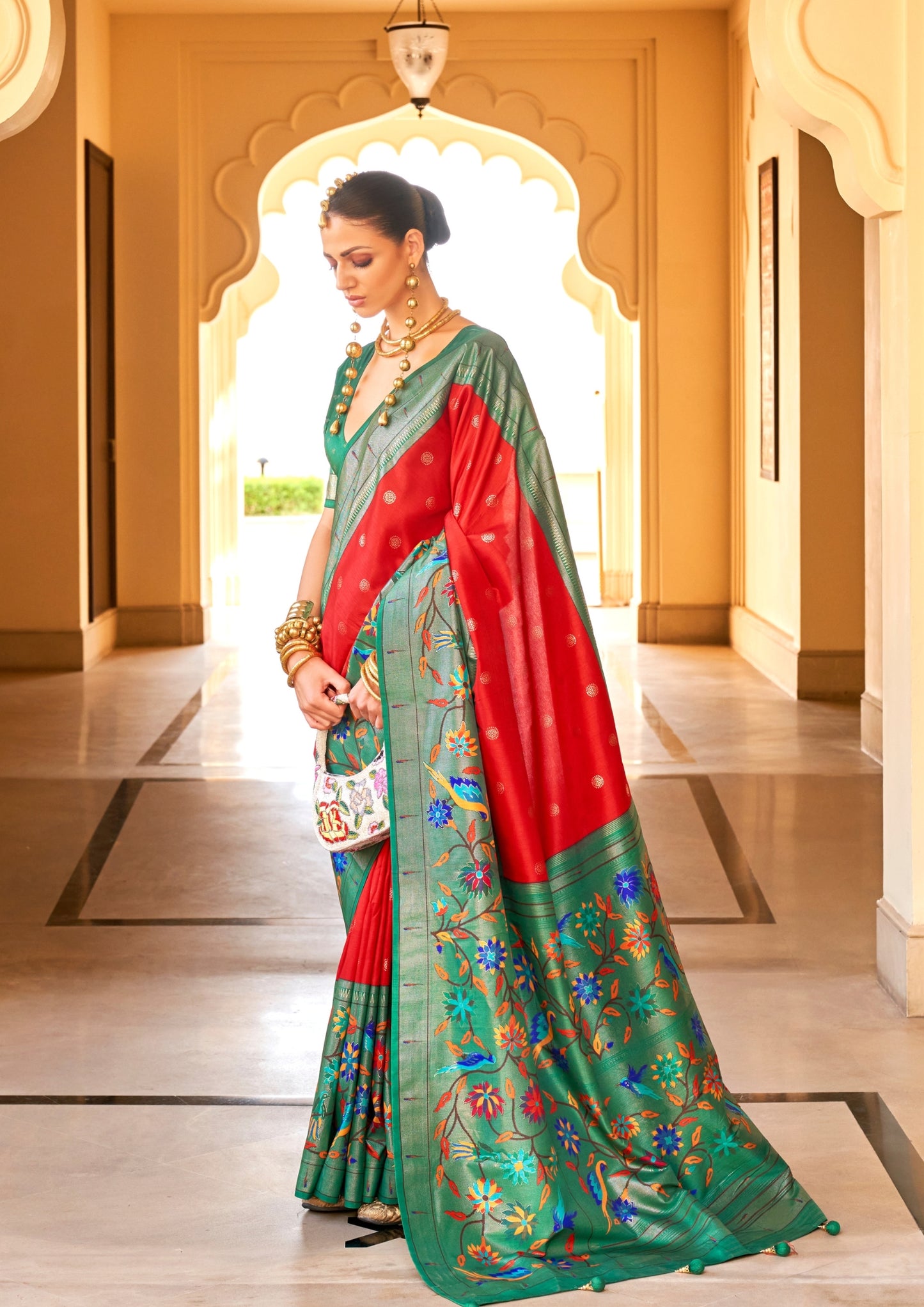 PV Silk Paithani Design Red Saree With Contrast Border