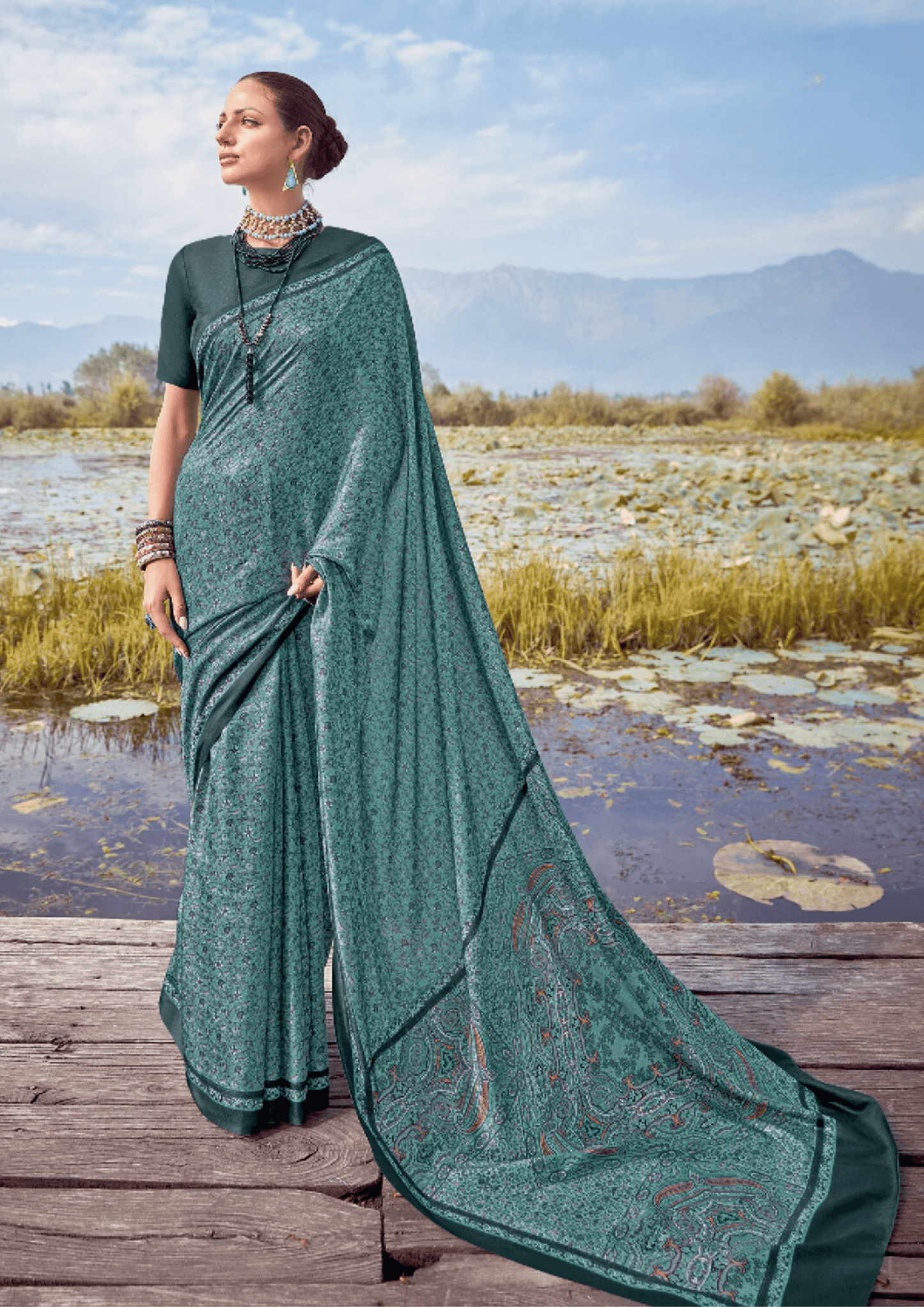 Saree Sea Green Pashmina Print Saree - SaviDurga