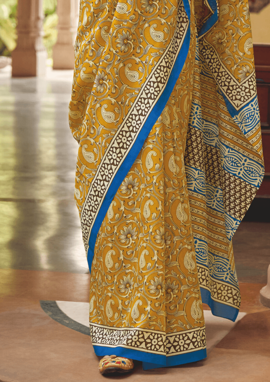 Saree Simple Golden And Blue Printed Saree - SaviDurga