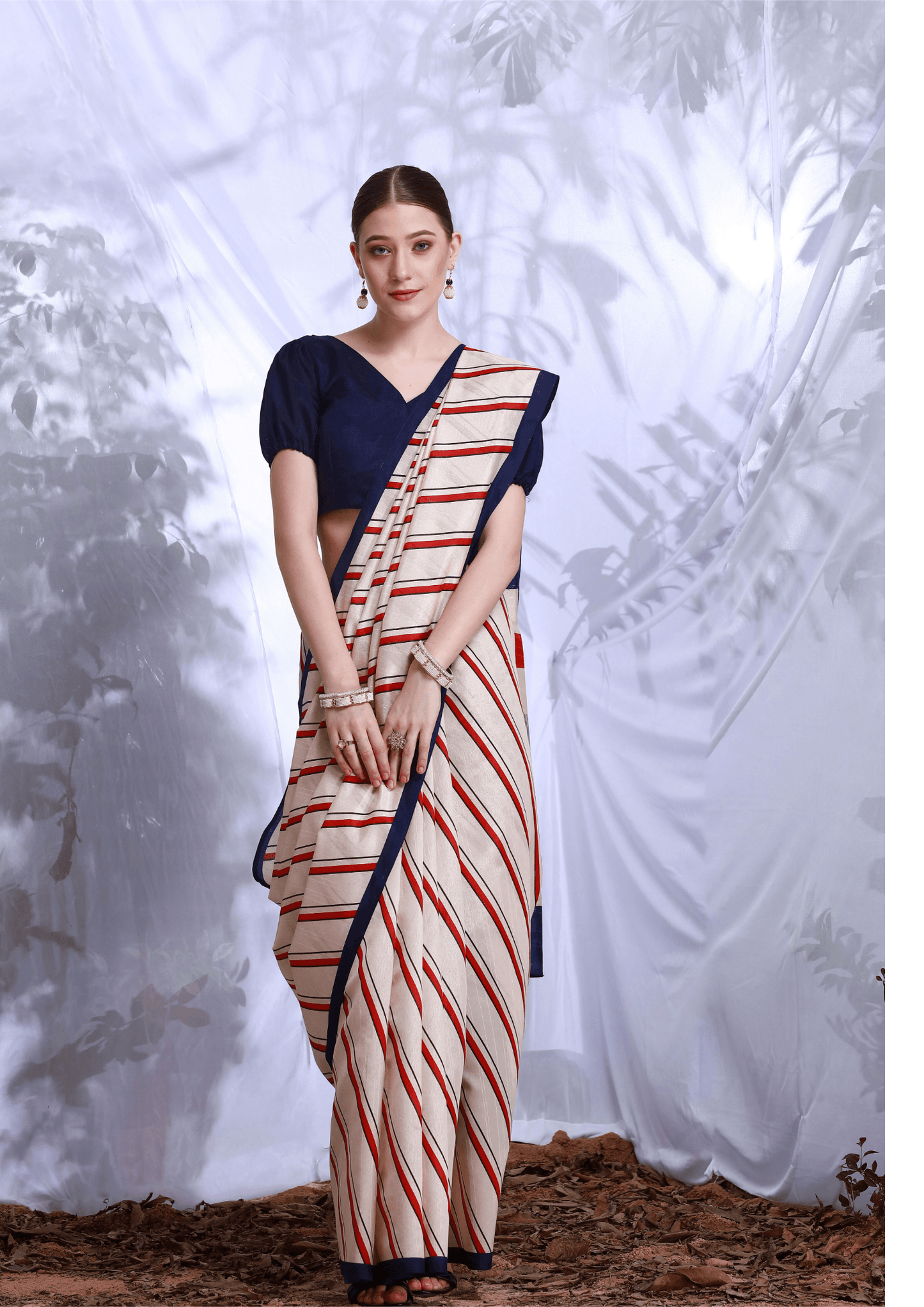 Saree Simple Navy Blue and Creme Saree - SaviDurga