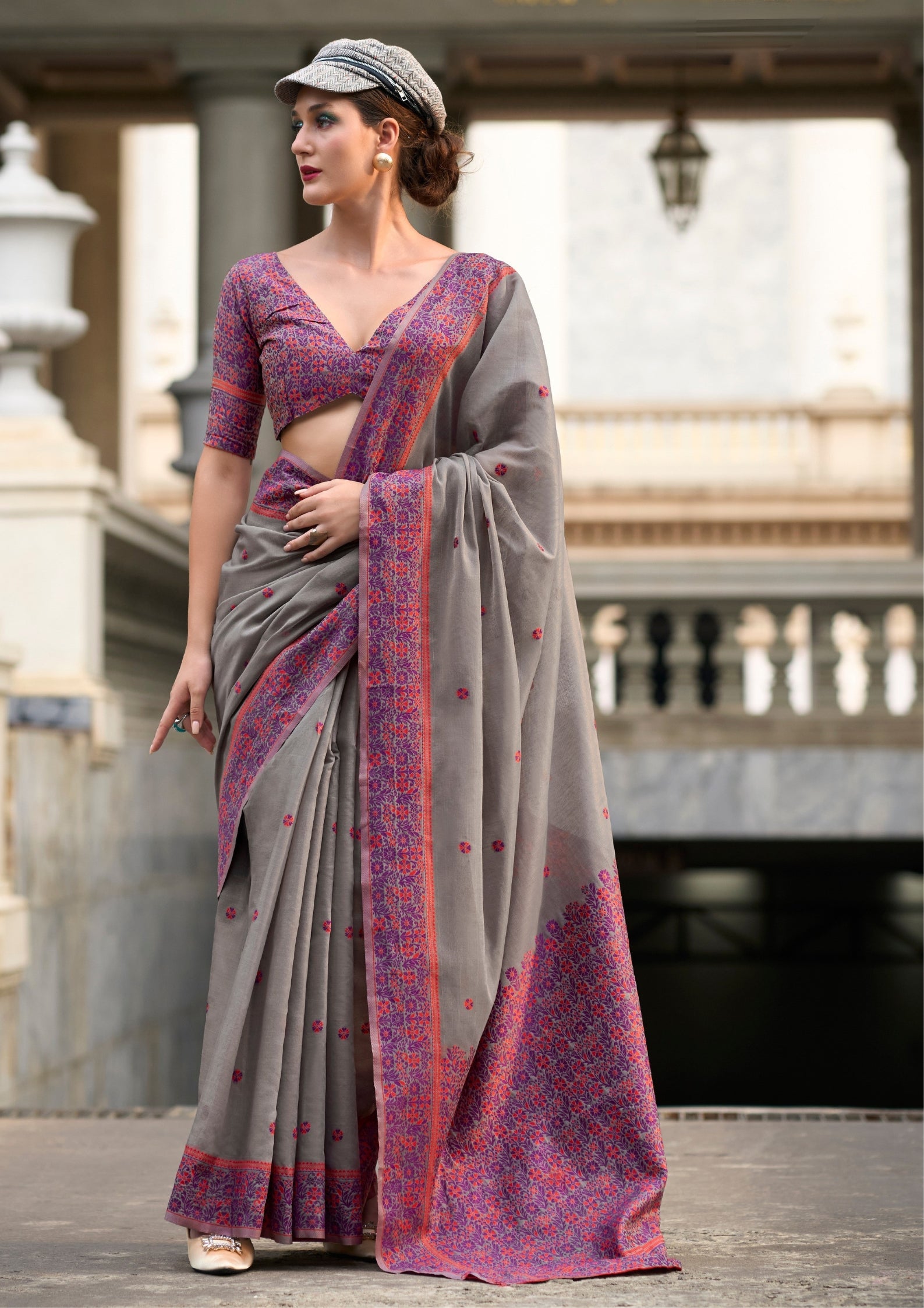 Soft Linen Cotton Muted Grey Saree with a Pink Border