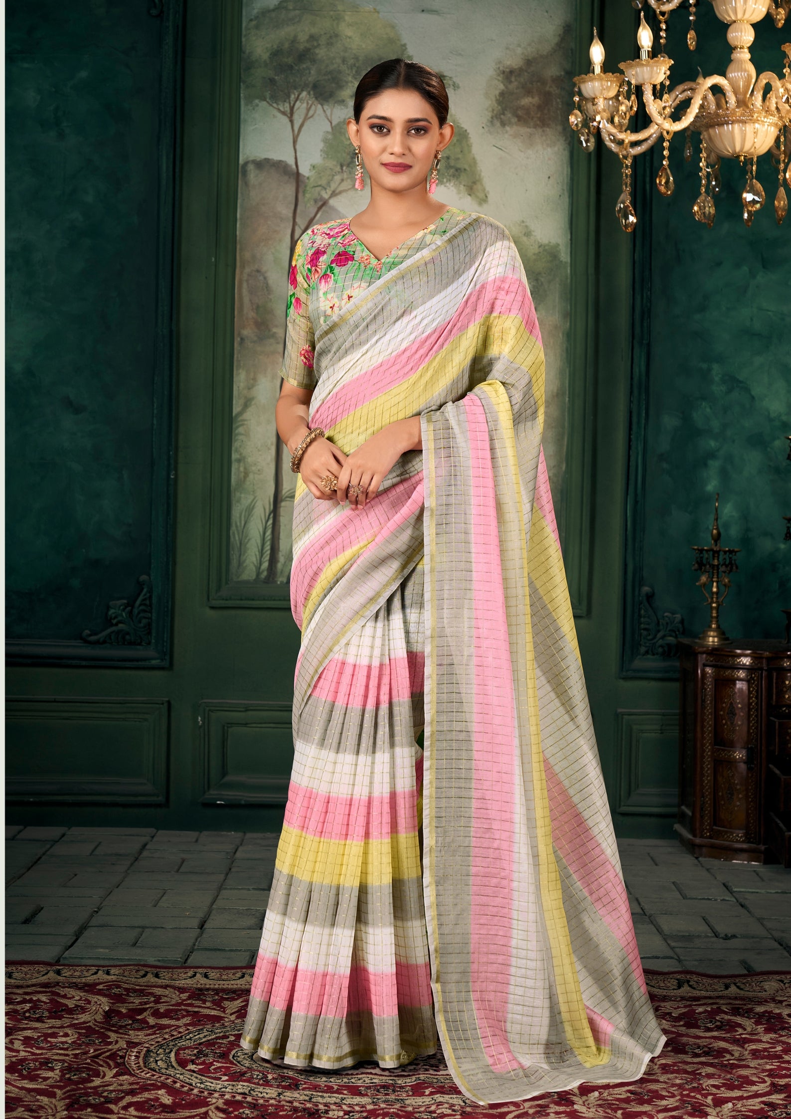 Soft Linen Multicolour Strips Grey Saree