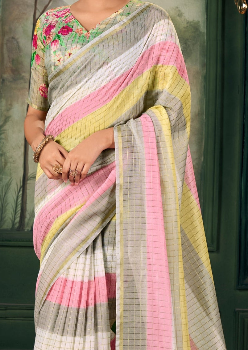 Soft Linen Multicolour Strips Grey Saree