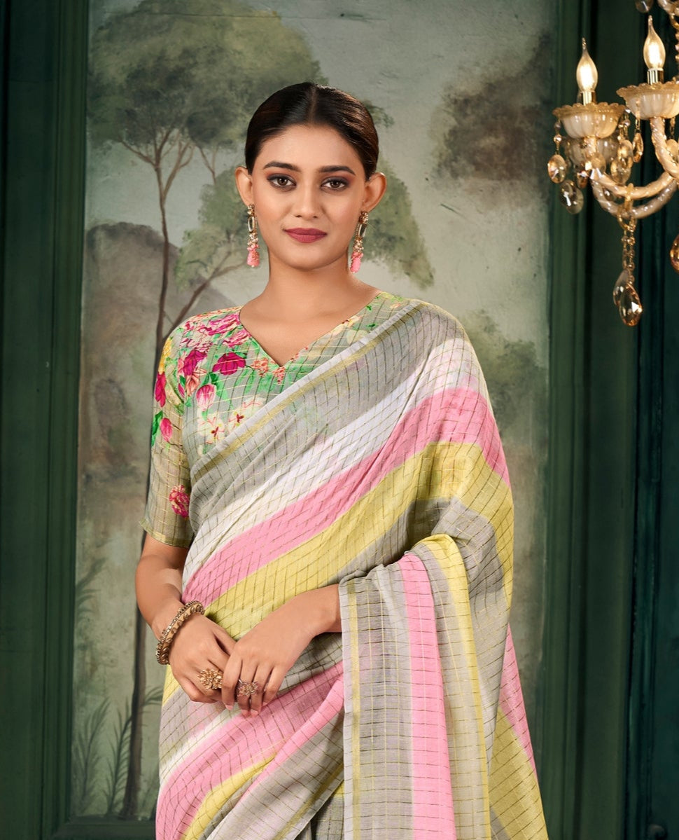 Soft Linen Multicolour Strips Grey Saree
