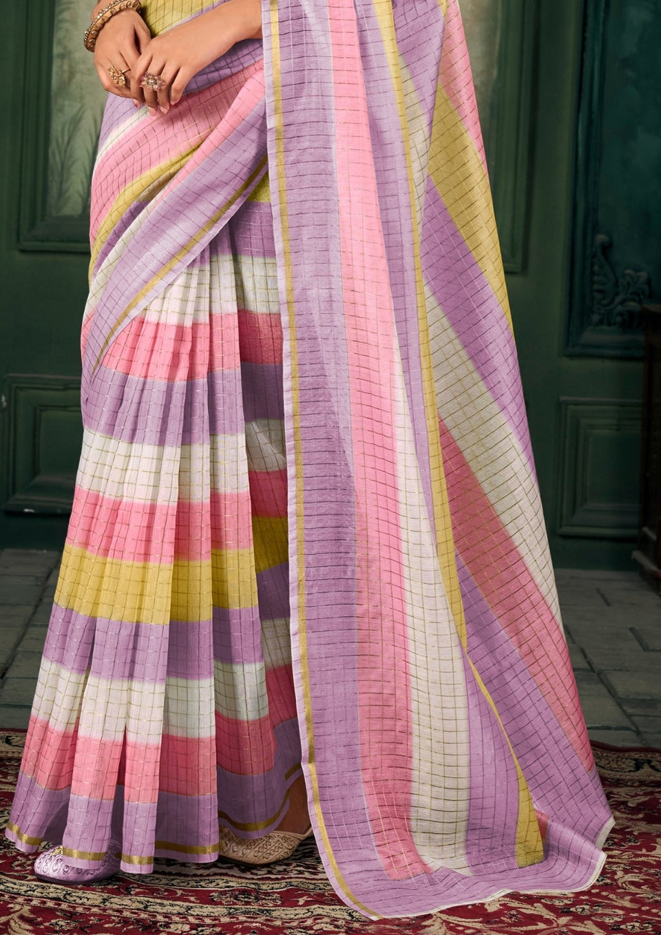 Soft Linen Multicolour Strips Lilac Saree