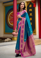 Kanjivaram Tissue Silk  Exotic Zari Work Pink Border Royal Blue Saree