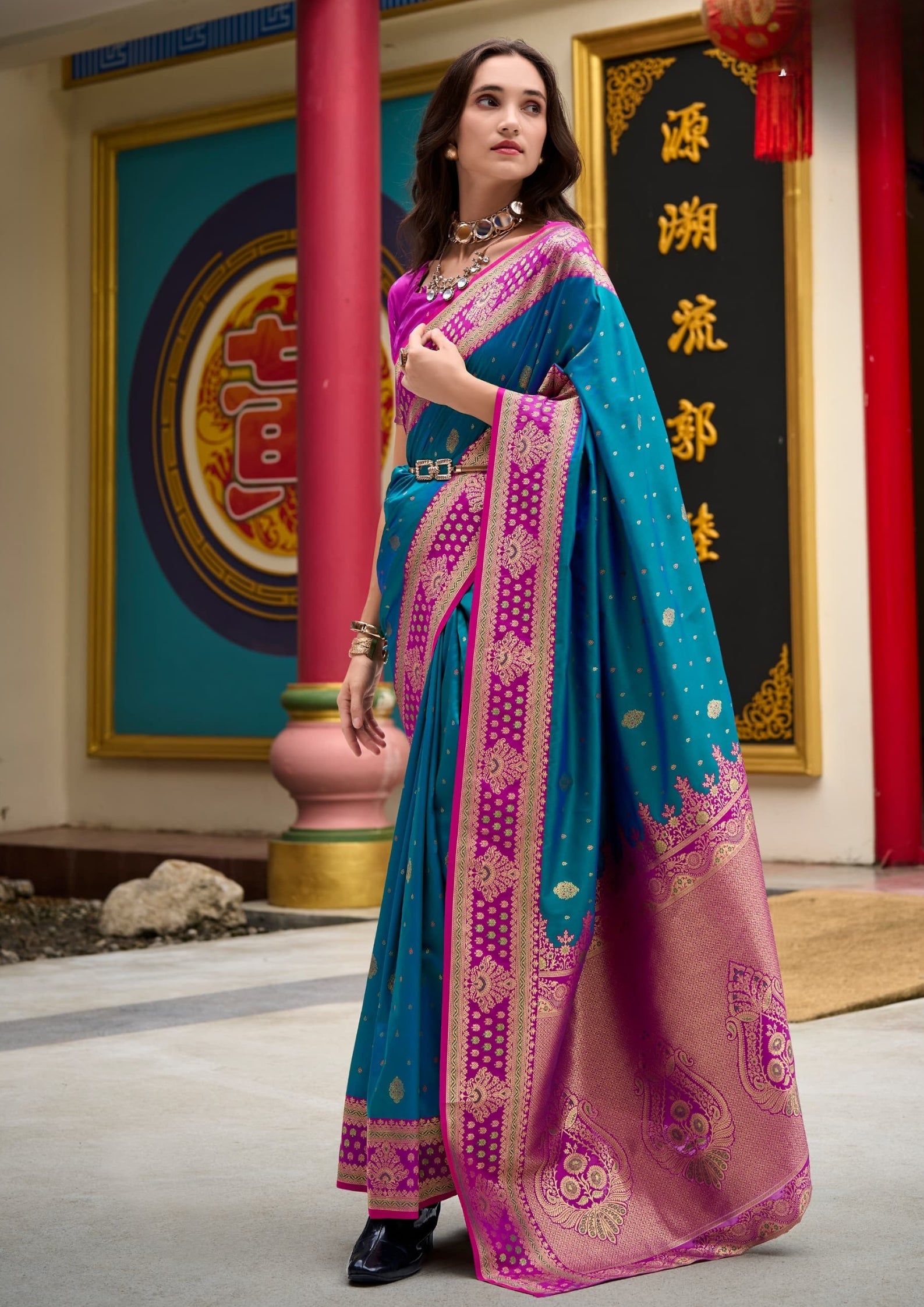 Kanjivaram Tissue Silk  Exotic Zari Work Pink Border Royal Blue Saree