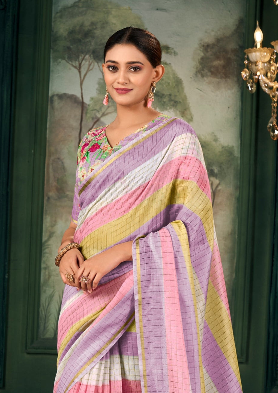 Soft Linen Multicolour Strips Lilac Saree