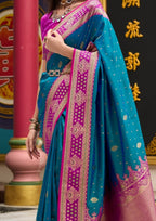 Kanjivaram Tissue Silk  Exotic Zari Work Pink Border Royal Blue Saree