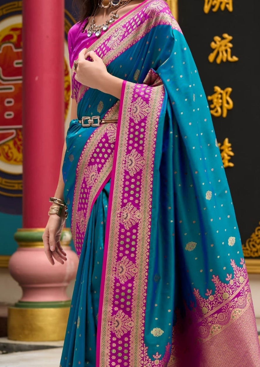 Kanjivaram Tissue Silk  Exotic Zari Work Pink Border Royal Blue Saree