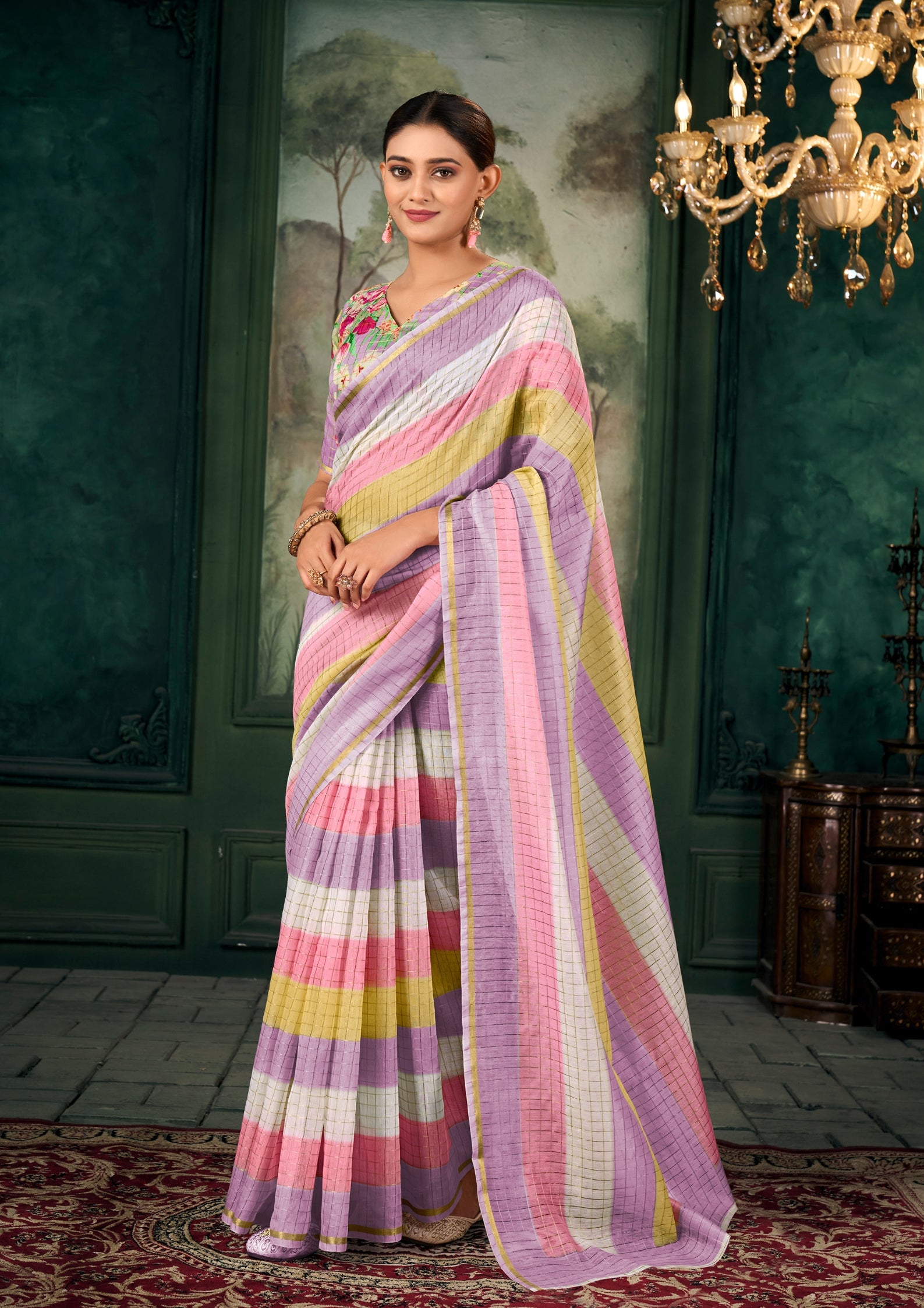Soft Linen Multicolour Strips Lilac Saree