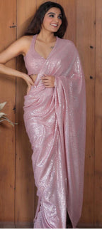 Shimmering Soft Pink Party Wear Georgette Saree
