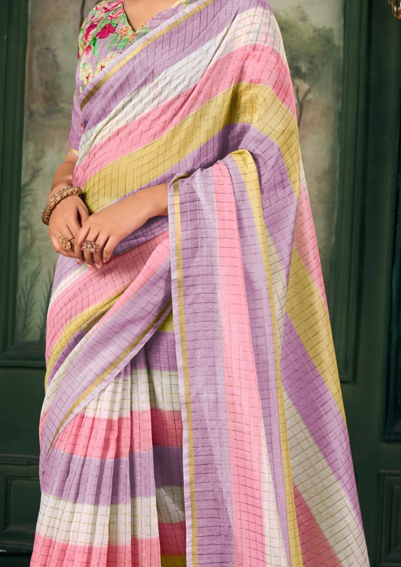 Soft Linen Multicolour Strips Lilac Saree