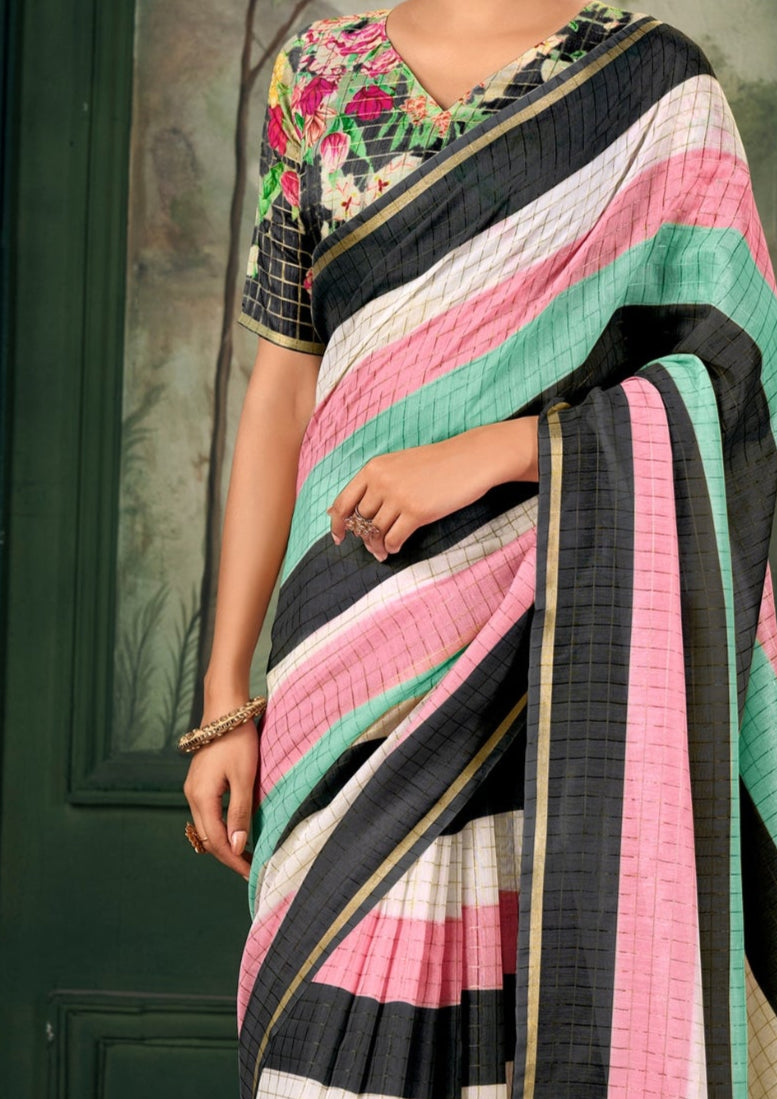 Soft Linen Multicolour Strips Black Saree