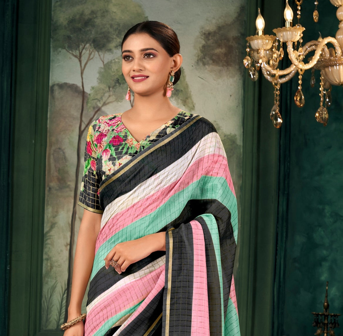 Soft Linen Multicolour Strips Black Saree
