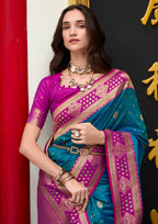 Kanjivaram Tissue Silk  Exotic Zari Work Pink Border Royal Blue Saree
