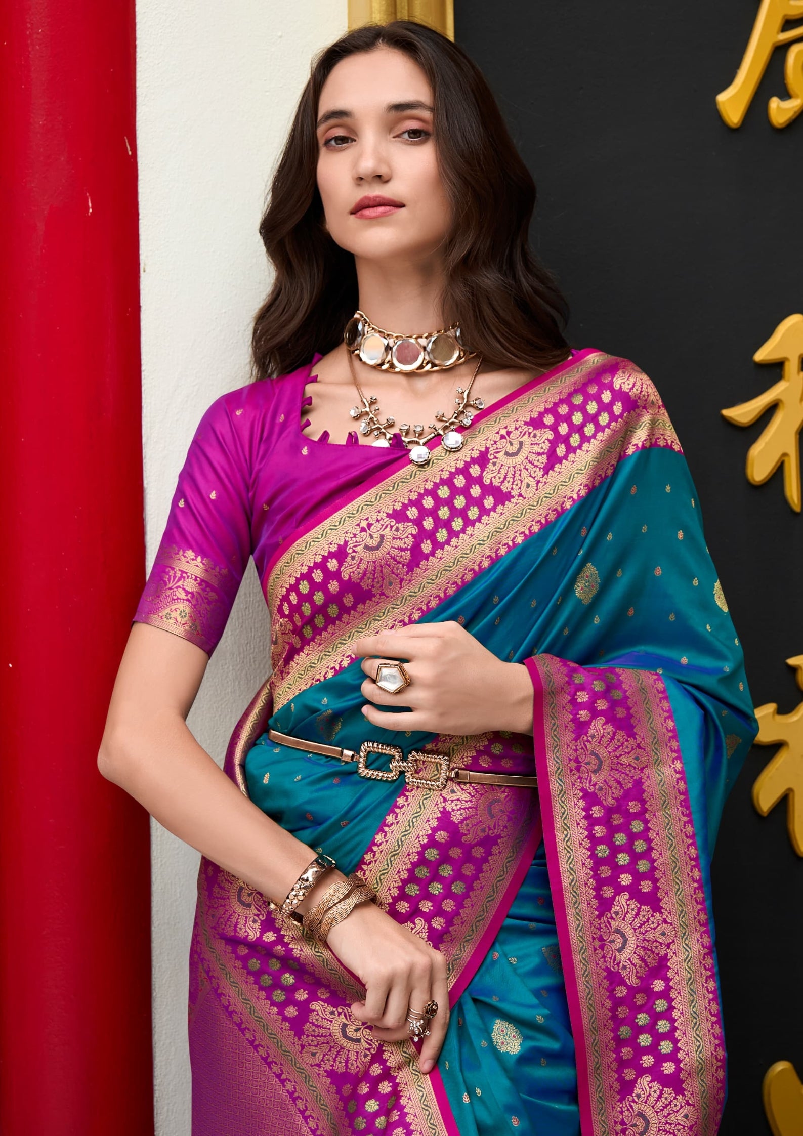 Kanjivaram Tissue Silk  Exotic Zari Work Pink Border Royal Blue Saree