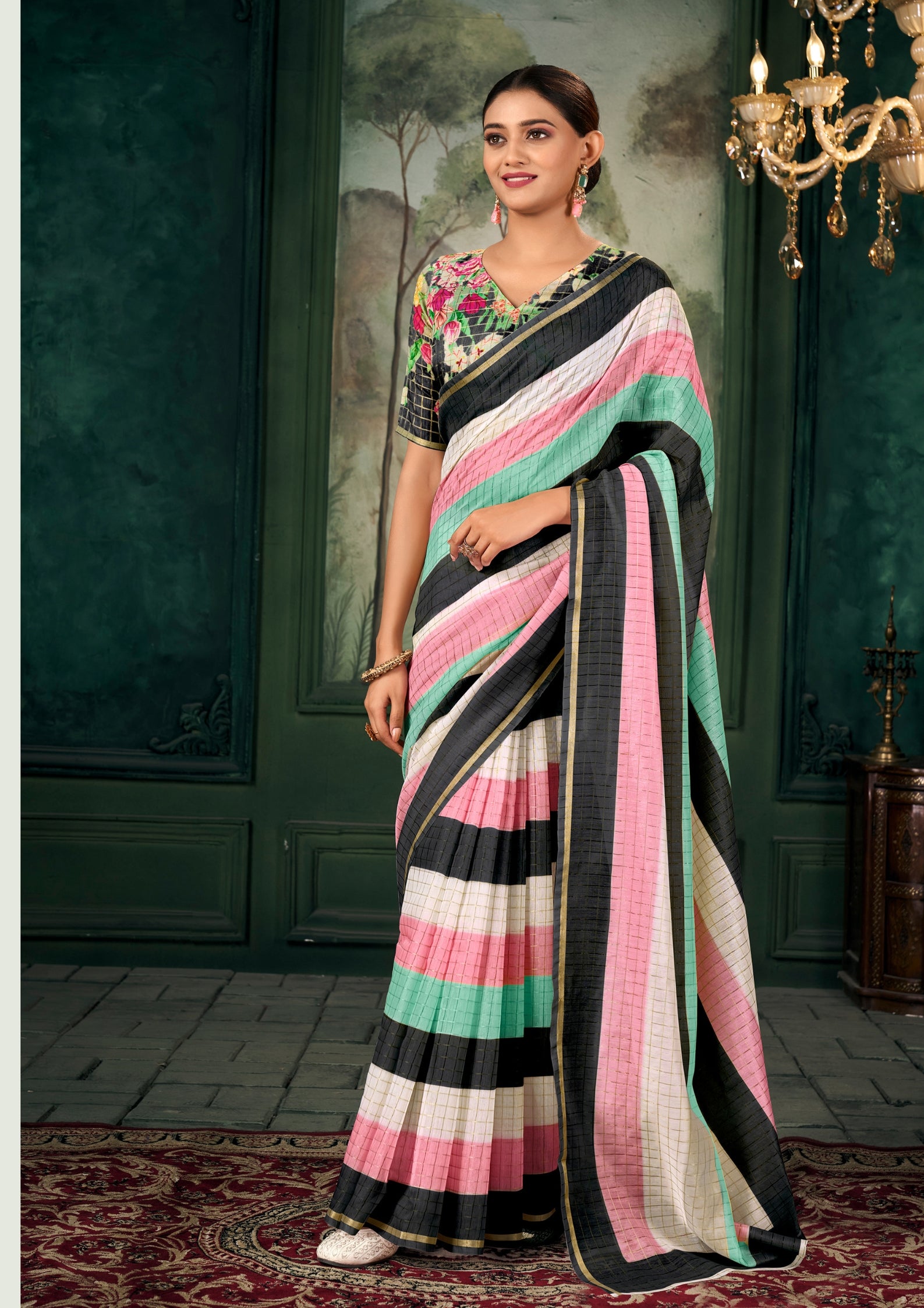 Soft Linen Multicolour Strips Black Saree