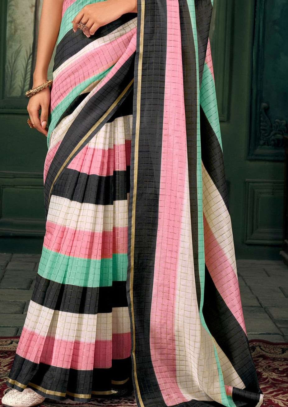 Soft Linen Multicolour Strips Black Saree