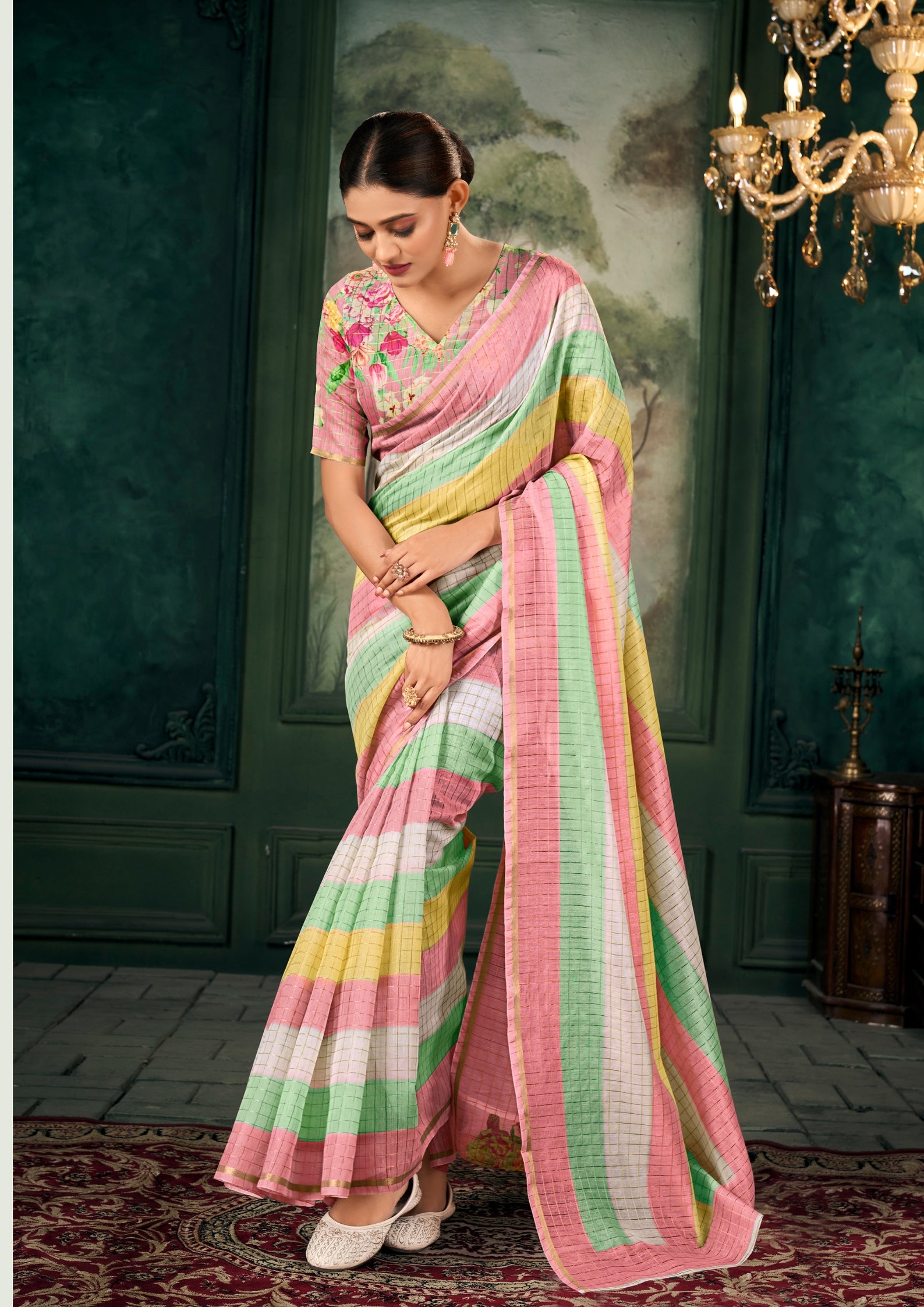 Soft Linen Multicolour Strips Pink Saree