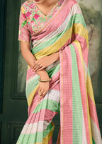 Soft Linen Multicolour Strips Pink Saree
