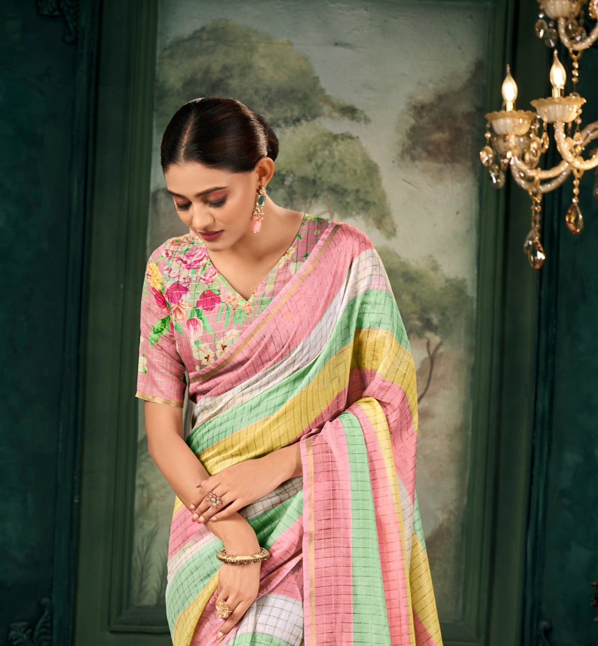 Soft Linen Multicolour Strips Pink Saree