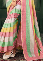 Soft Linen Multicolour Strips Pink Saree