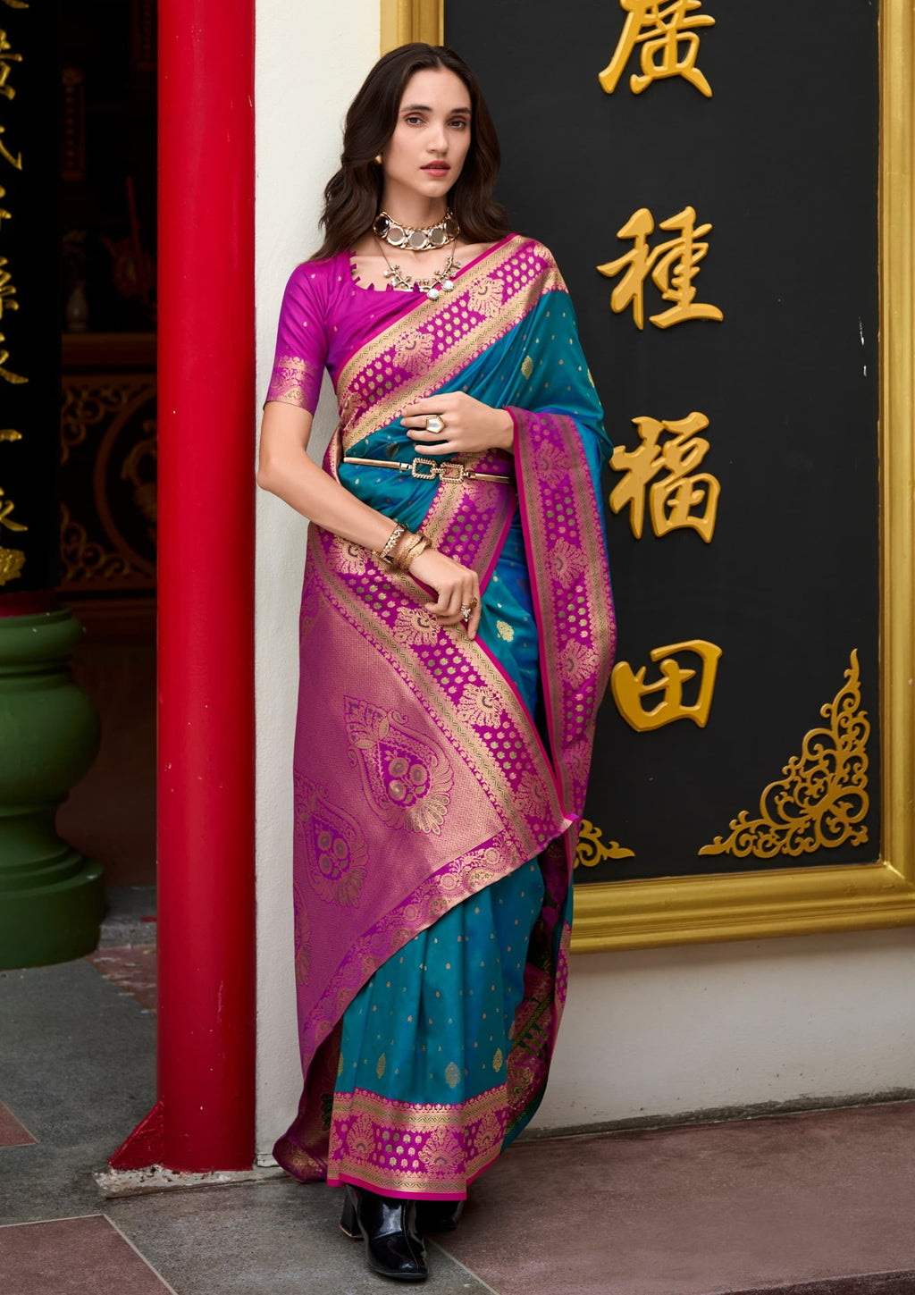 Kanjivaram Tissue Silk  Exotic Zari Work Pink Border Royal Blue Saree