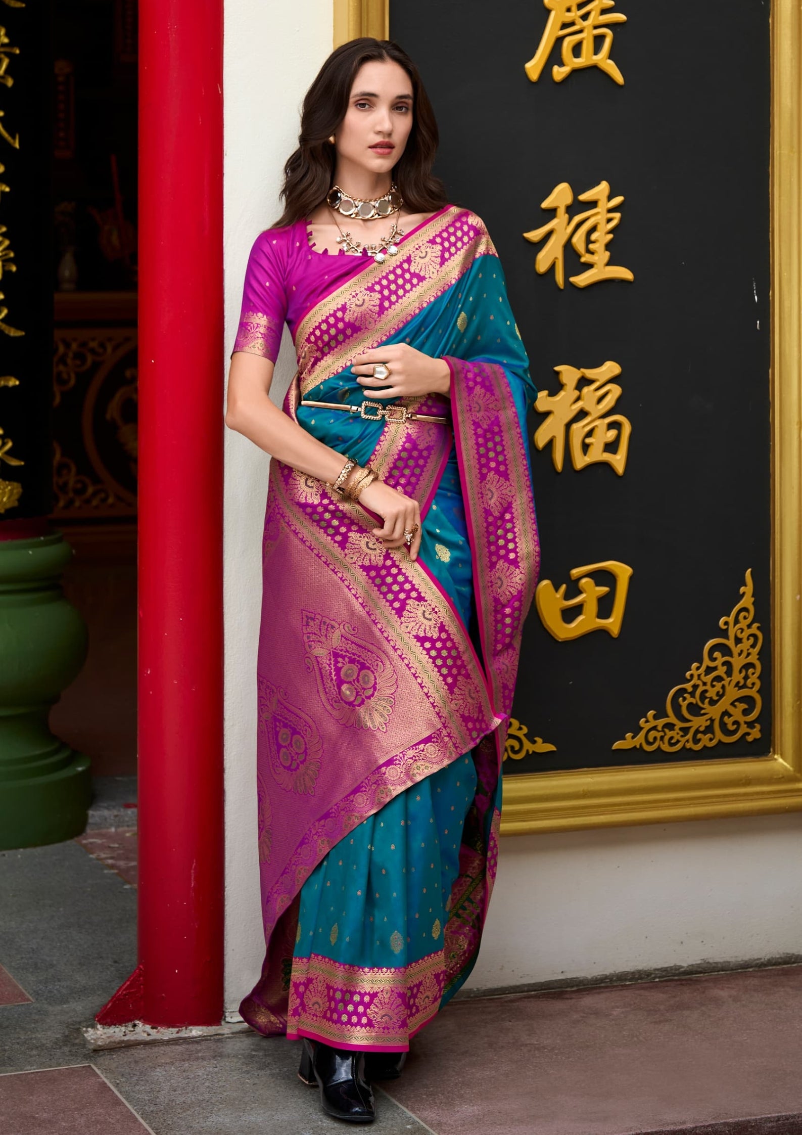 Kanjivaram Tissue Silk  Exotic Zari Work Pink Border Royal Blue Saree