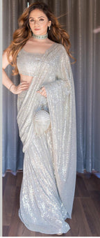 Shimmering Light Grey Party Wear Georgette Saree