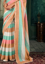 Soft Linen Multicolour Strips Peach Saree