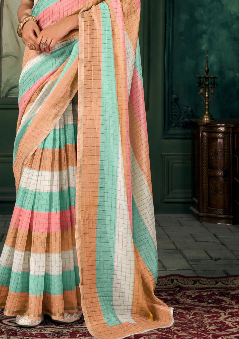 Soft Linen Multicolour Strips Peach Saree