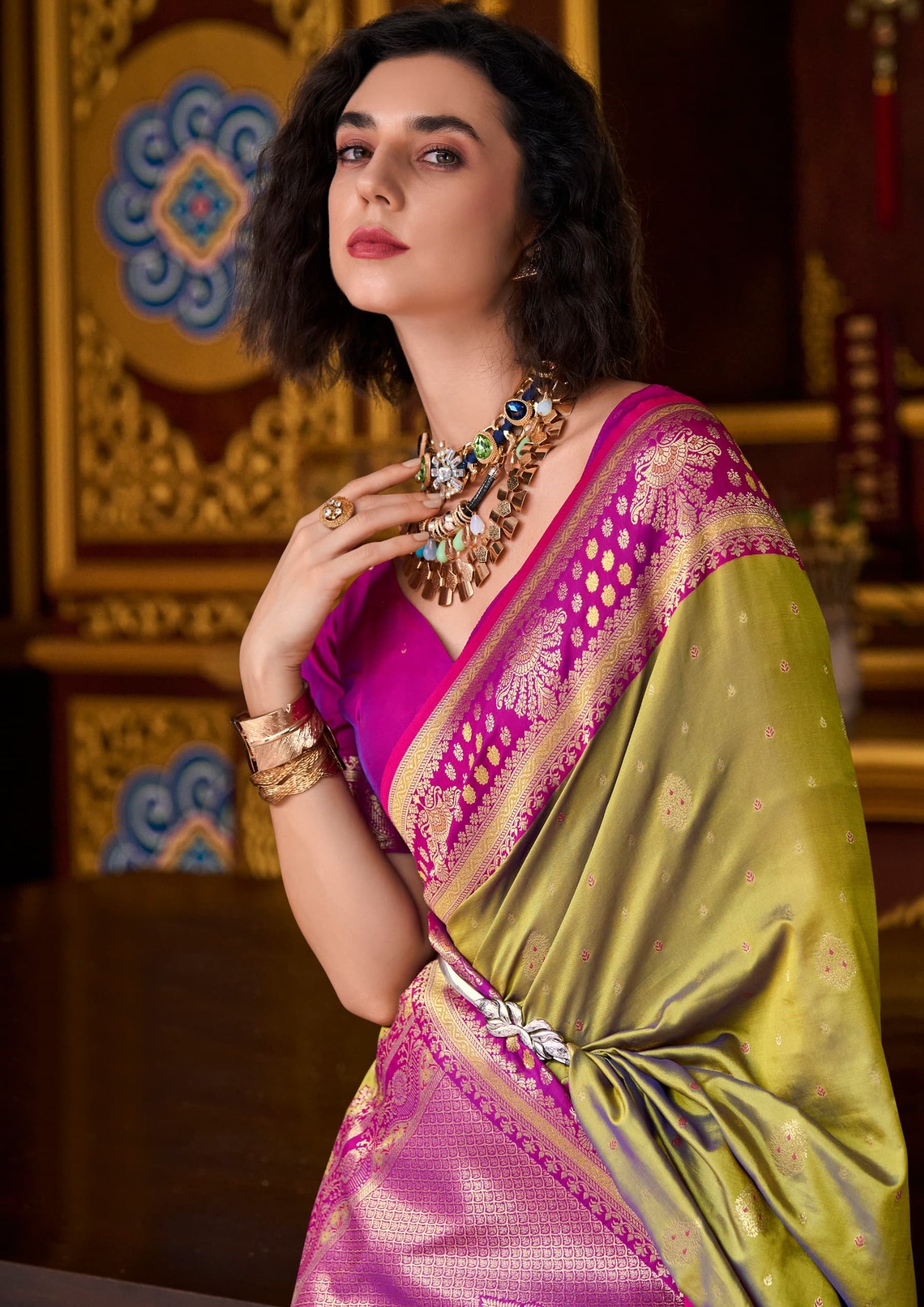 Kanjivaram Tissue Silk  Exotic Zari Work Pink Border Lime Green Saree
