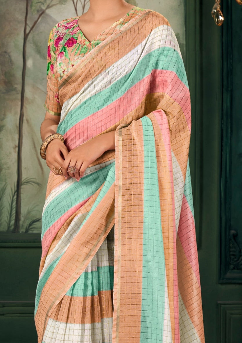 Soft Linen Multicolour Strips Peach Saree