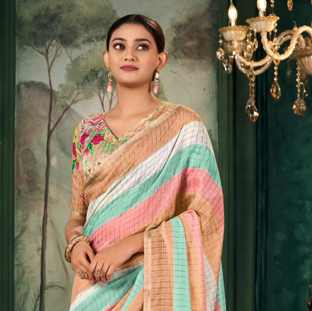 Soft Linen Multicolour Strips Peach Saree